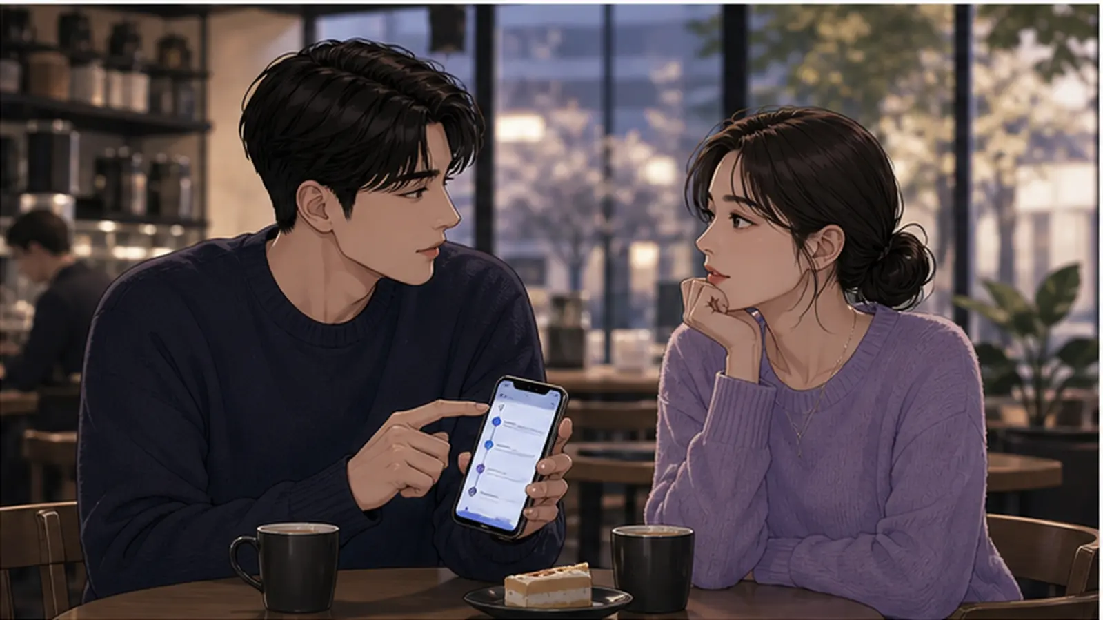 카페에서 연락 방식과 답장 기대를 차분히 맞추는 커플
