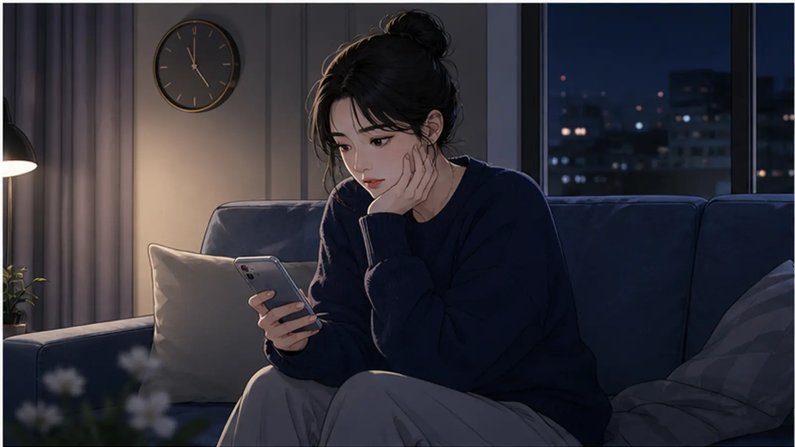 늦은 밤 답장을 기다리며 휴대전화를 확인하는 사람