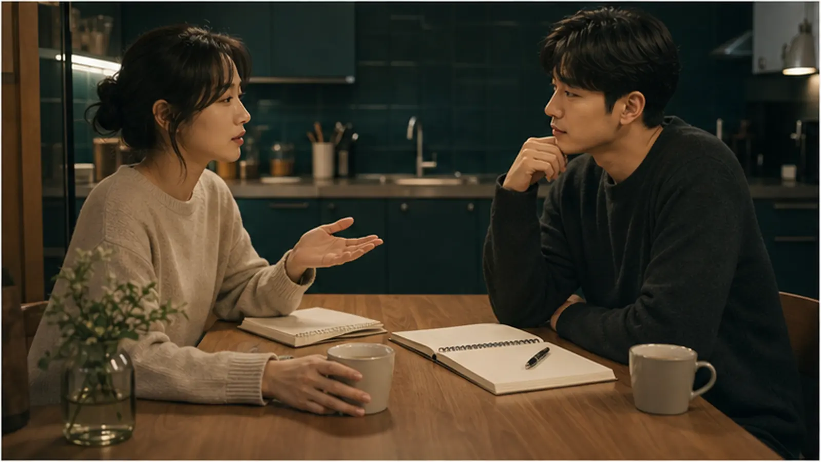 식탁에서 혼자 있을 필요와 대화 기준을 차분히 설명하는 커플