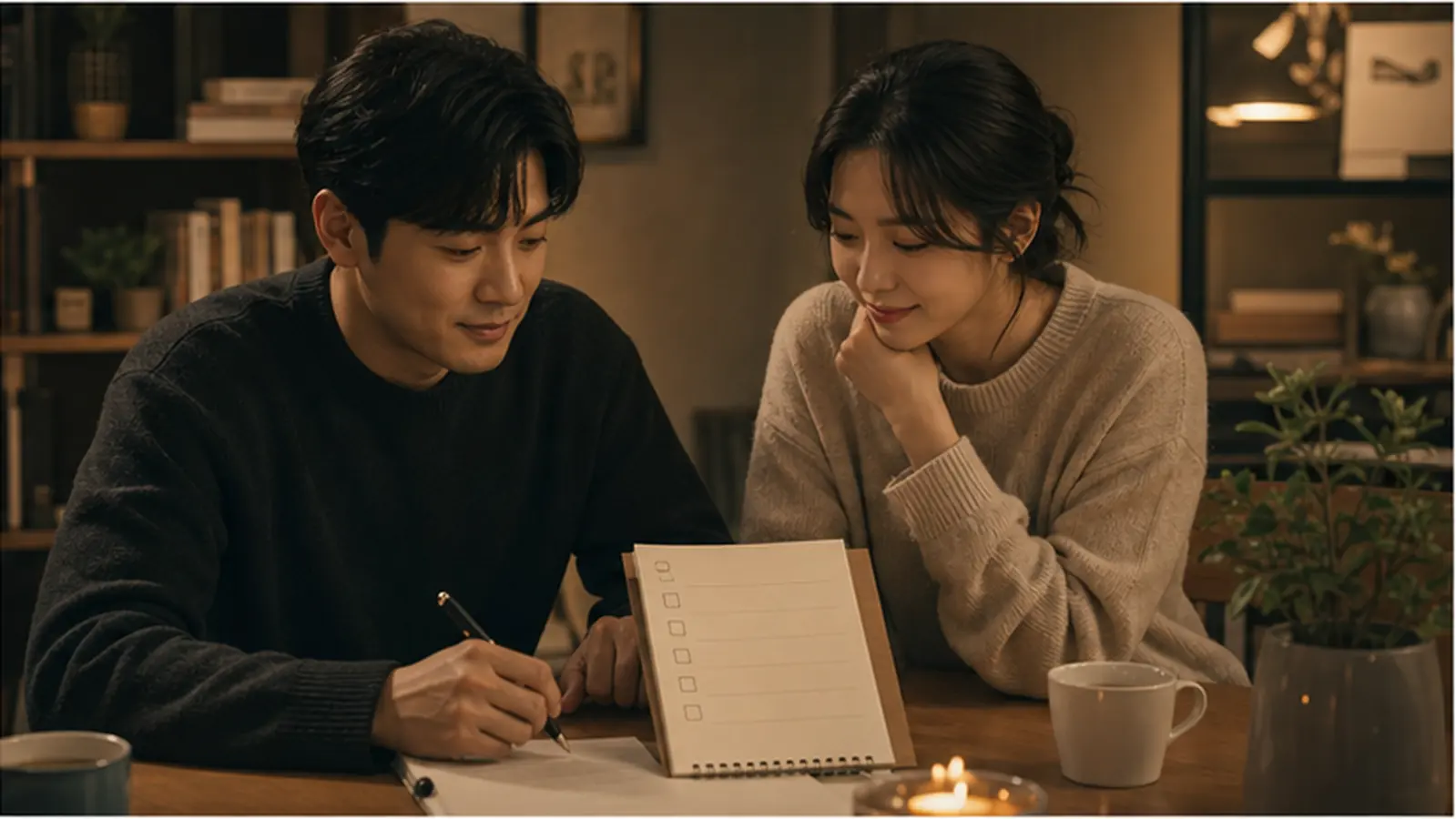 갈등 뒤 다시 만나 한 가지 행동 약속을 적는 커플