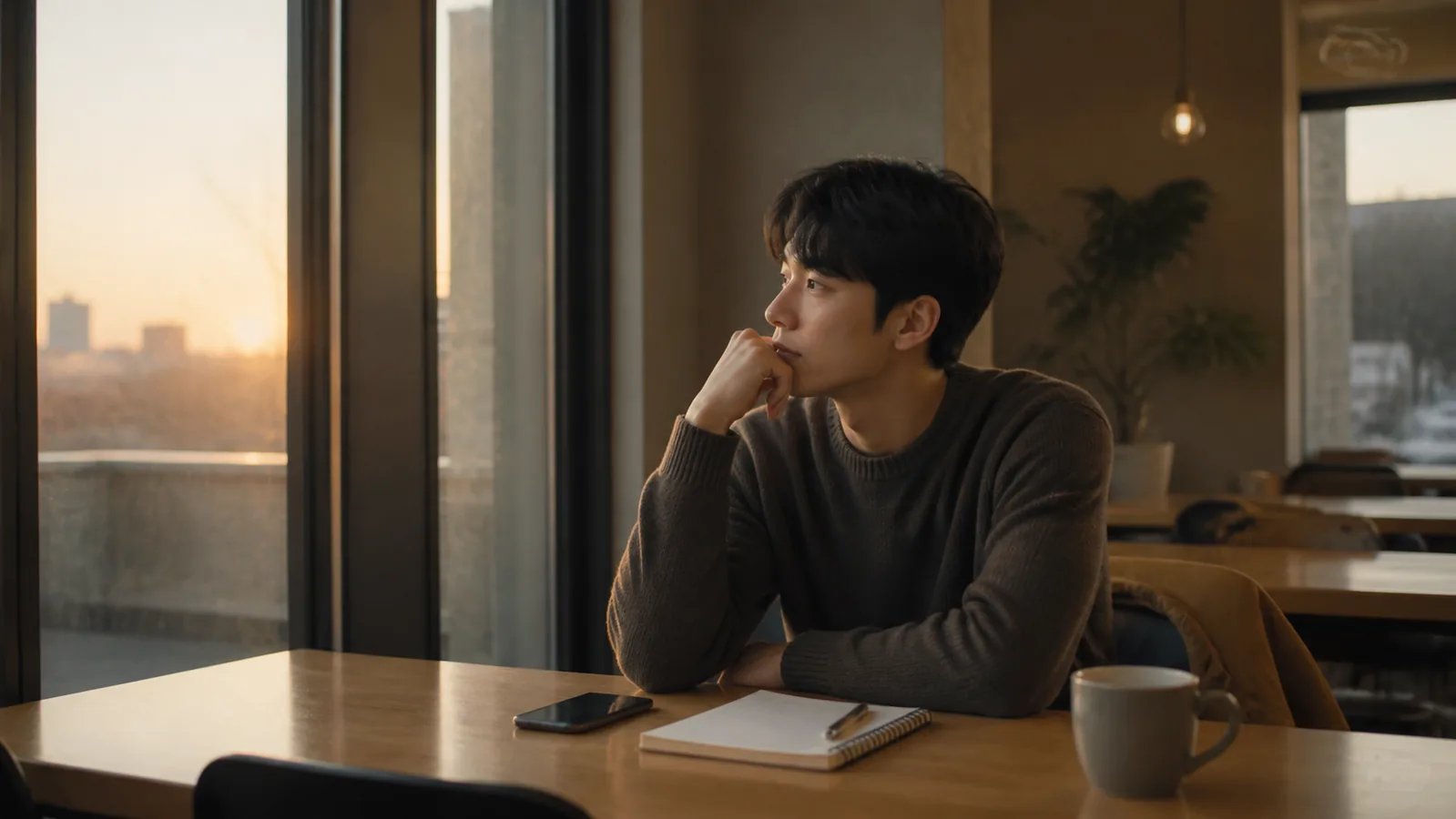 카페에서 휴대전화와 노트를 앞에 두고 고백 타이밍을 생각하는 사람