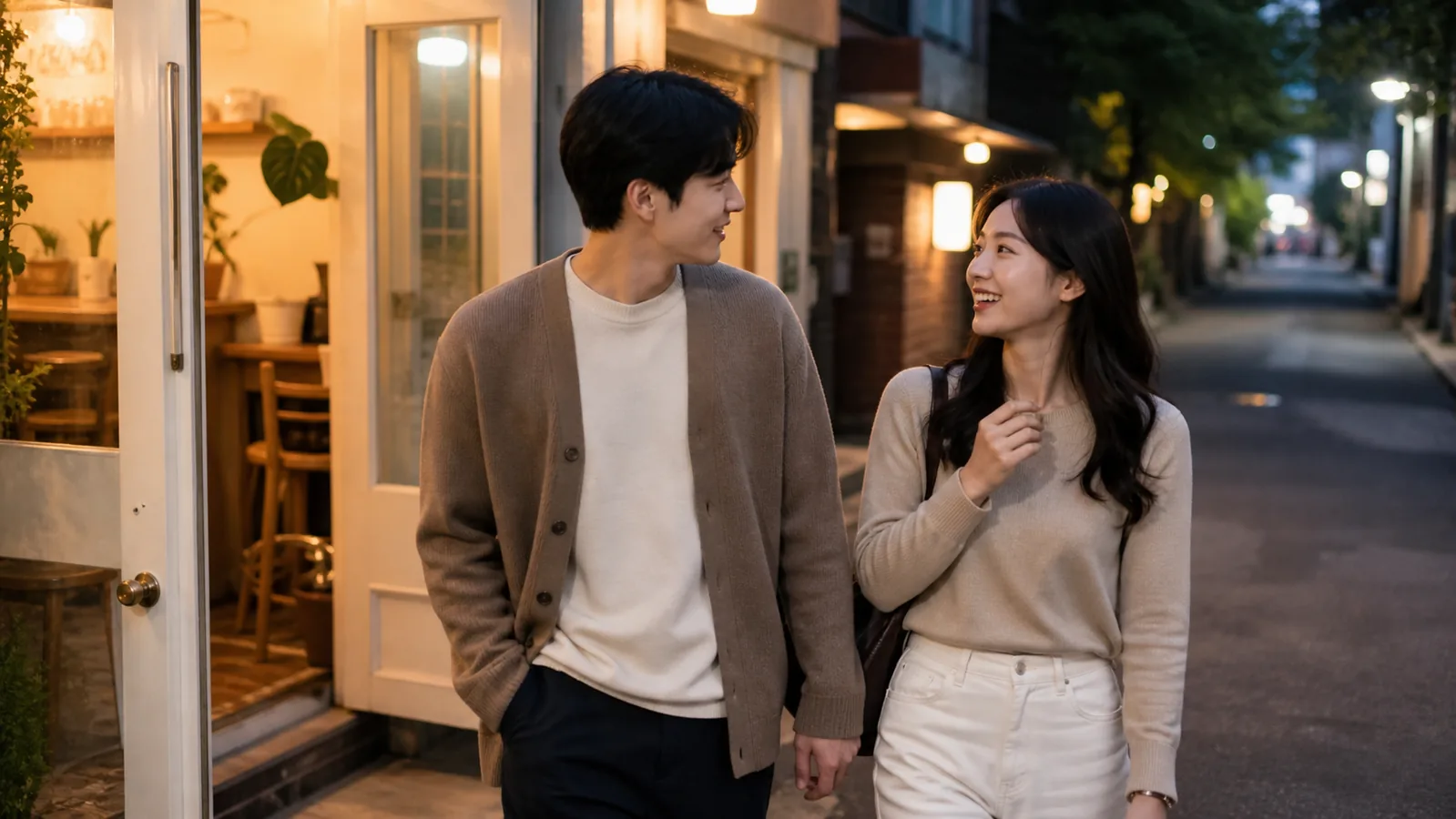 카페를 나와 함께 걸으며 자연스럽게 대화를 이어가는 두 사람