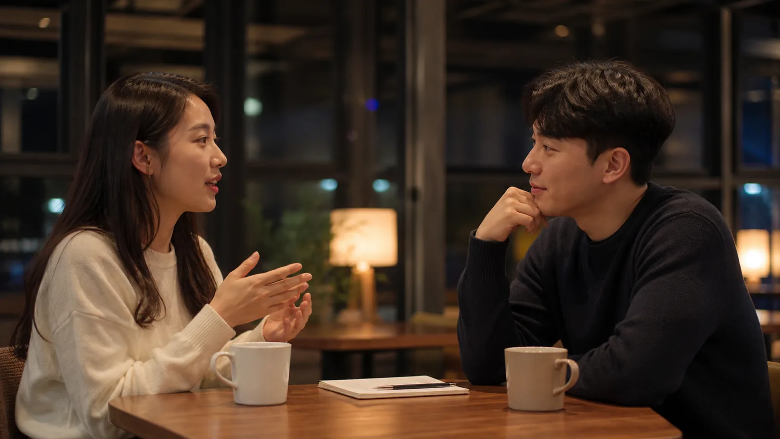 테이블에 마주 앉아 서로의 이야기를 주의 깊게 듣는 두 사람