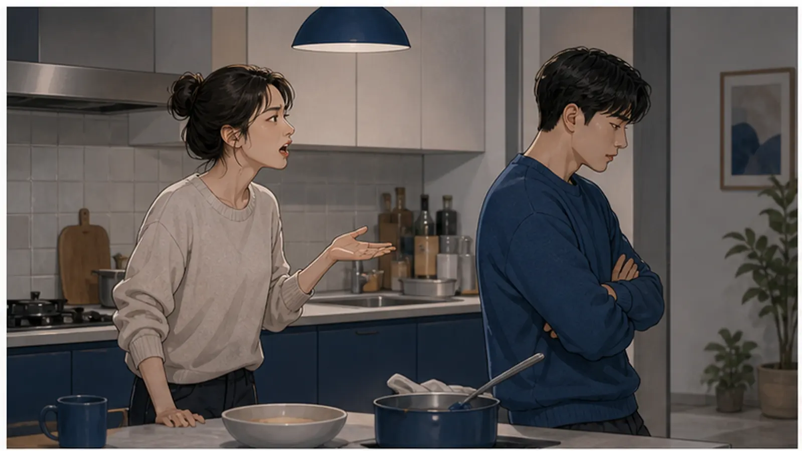 주방의 작은 문제로 말다툼하며 서로 다른 반응을 보이는 연인
