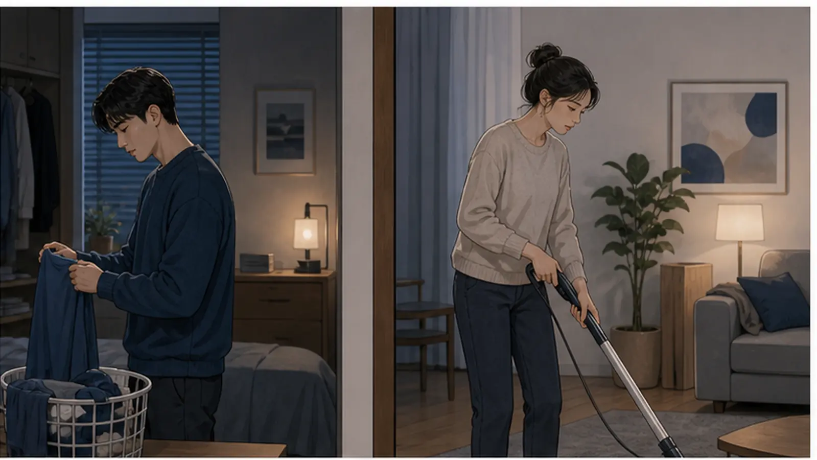 같은 집의 다른 공간에서 각자 집안일을 하며 냉전 중인 커플
