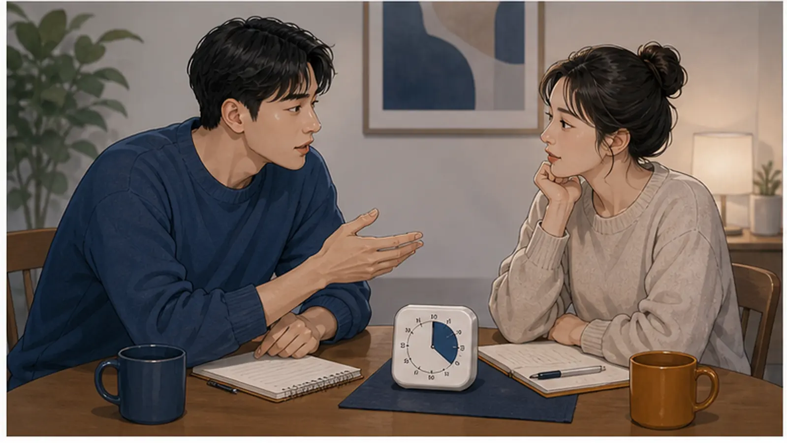 타이머와 메모를 두고 차분히 번갈아 말하는 커플
