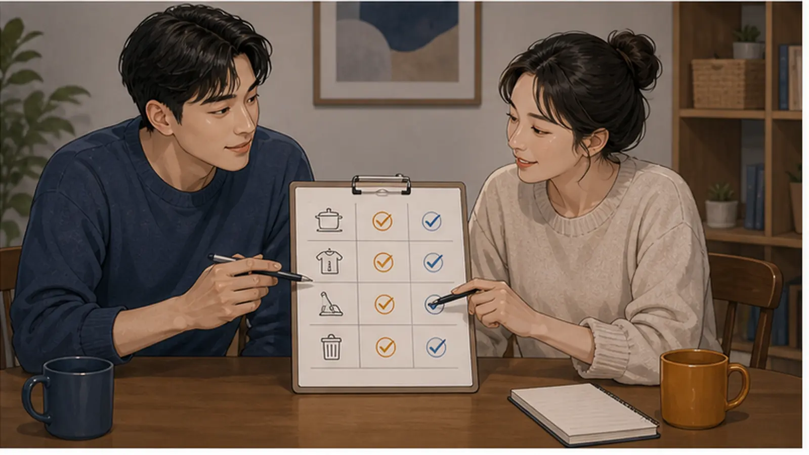 집안일 항목을 함께 나누며 현실적인 합의를 만드는 커플