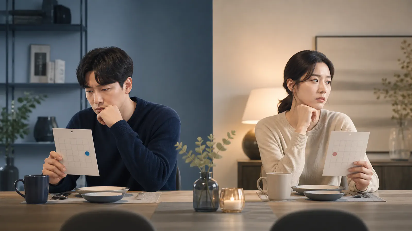 서로 다른 일정표를 들고 등을 돌린 연인