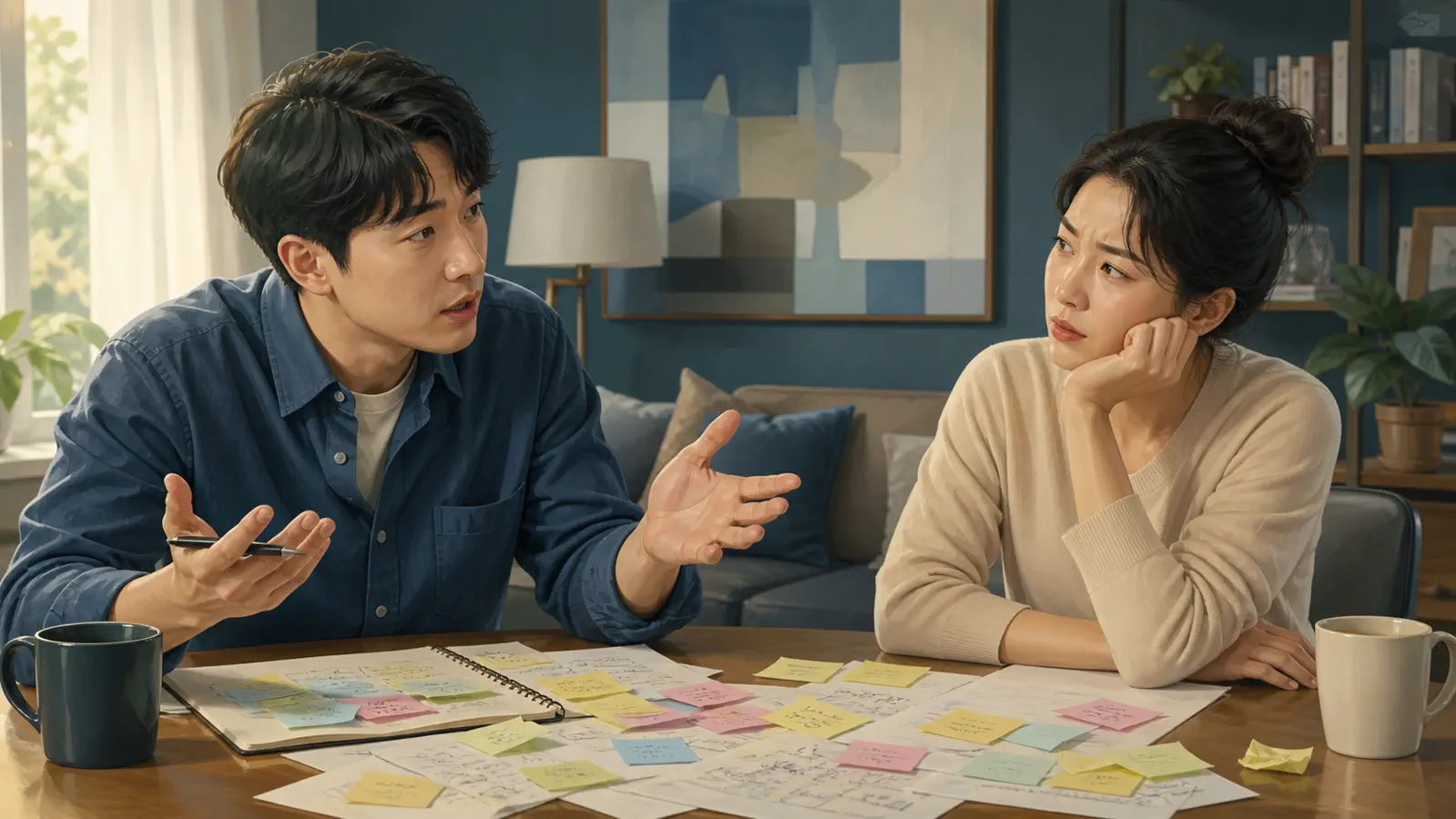 한 사람은 길게 설명하고 다른 사람은 지친 표정으로 듣는 장면