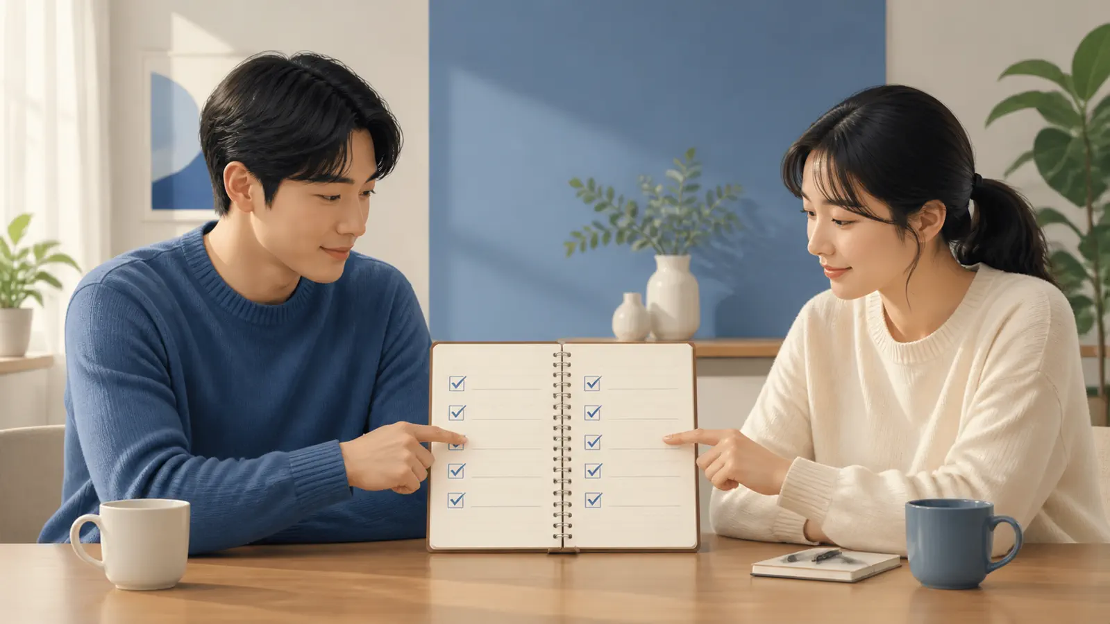 두 사람이 같은 체크리스트를 함께 확인하는 모습