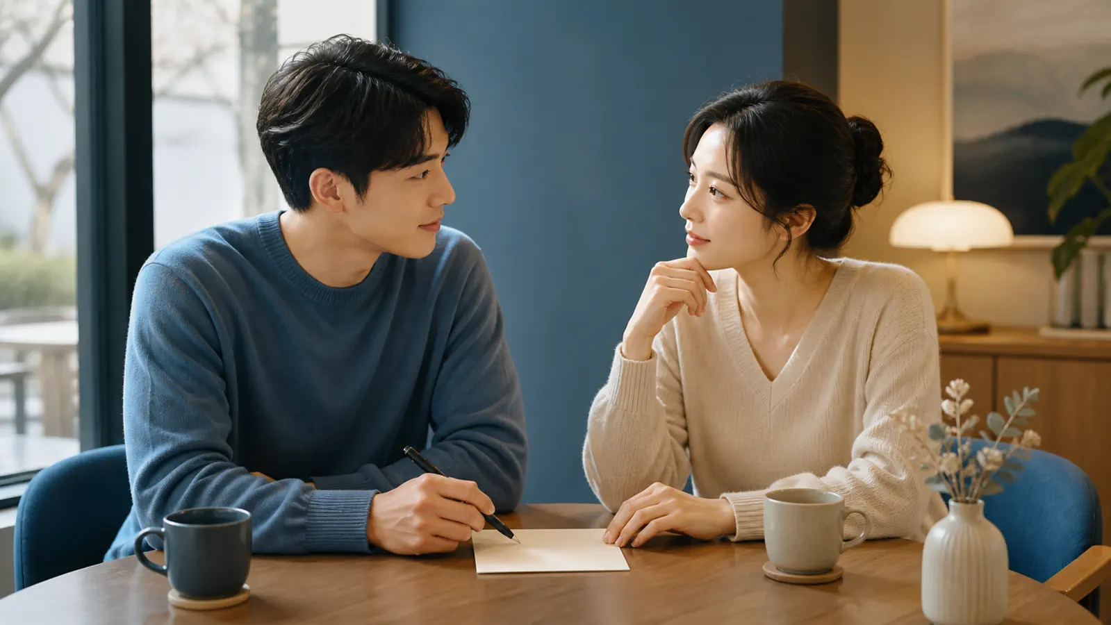 카페에서 함께 적용할 규칙을 적으며 대화하는 연인