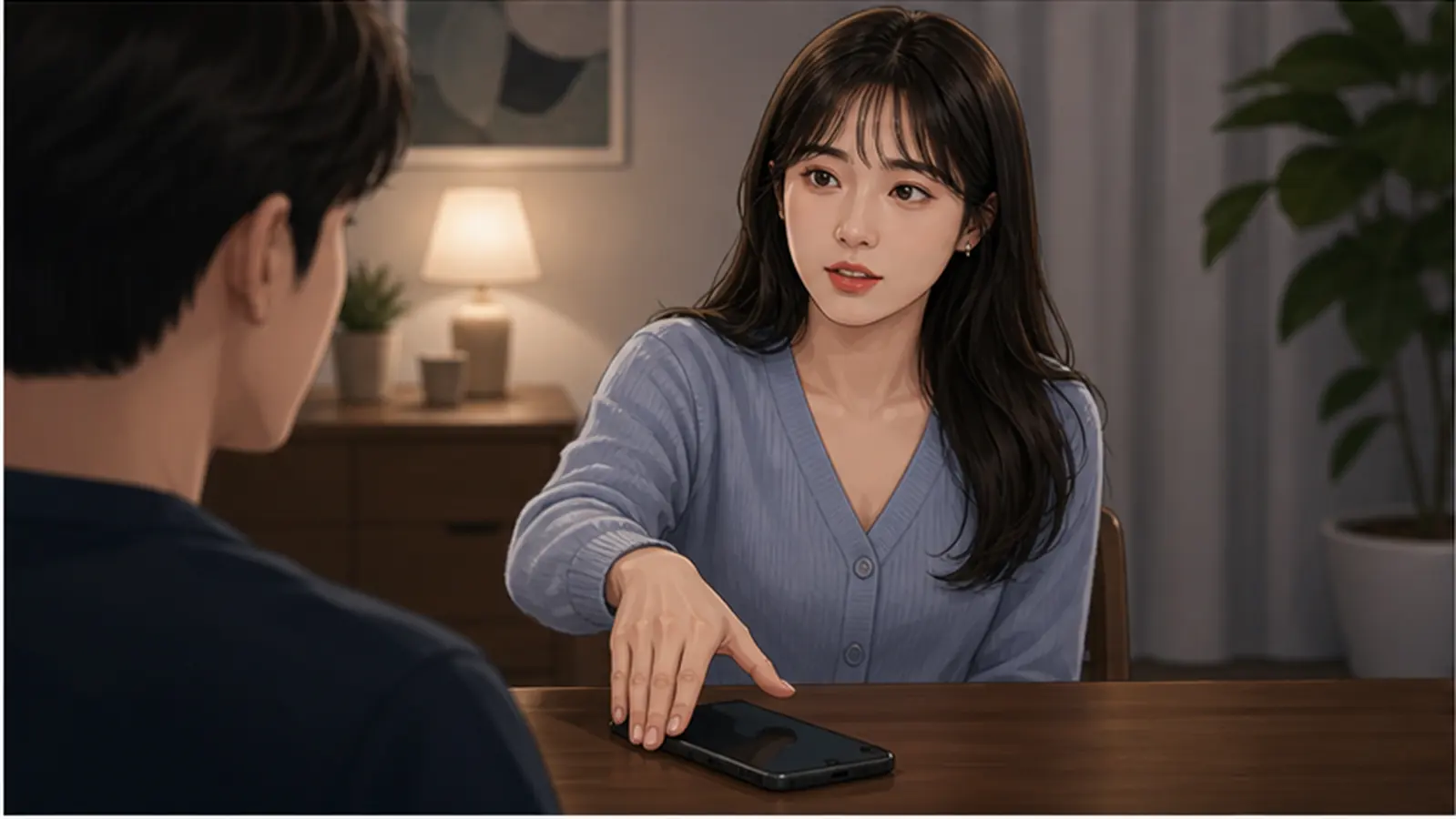 휴대전화를 내려놓고 관계의 선을 차분히 설명하는 사람