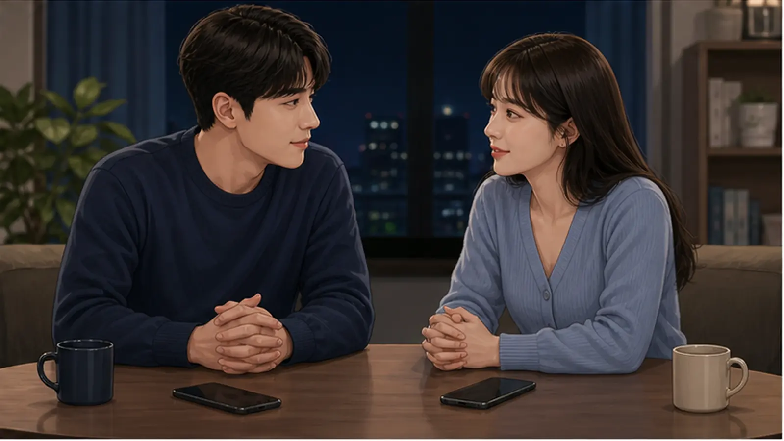 서로 휴대전화를 내려놓고 관계의 약속을 솔직히 이야기하는 커플