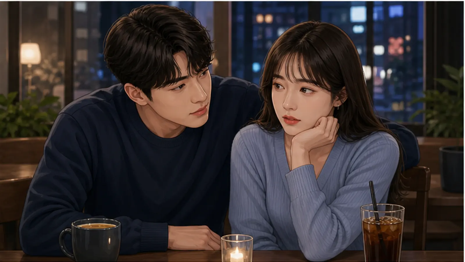 카페에서 가까이 다가온 상대의 태도를 조심스럽게 살피는 사람