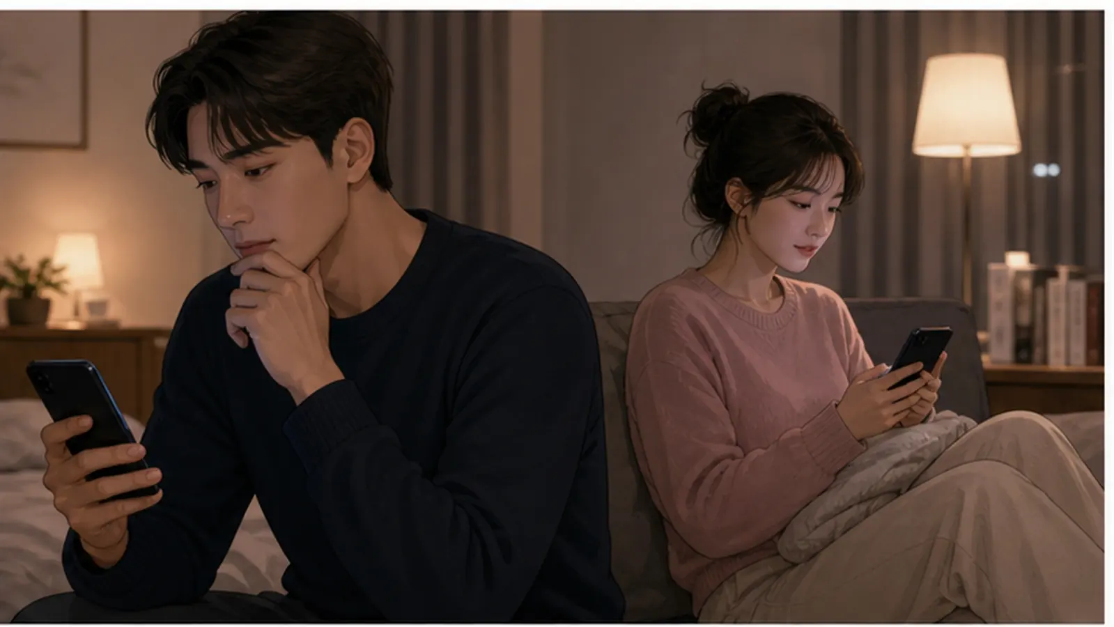 친구에게 마음을 말할지 휴대전화를 보며 고민하는 사람
