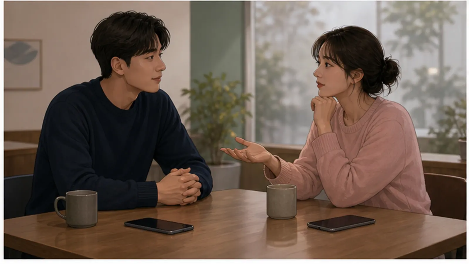 카페 테이블에서 휴대전화를 내려놓고 관계의 경계를 대화하는 두 친구