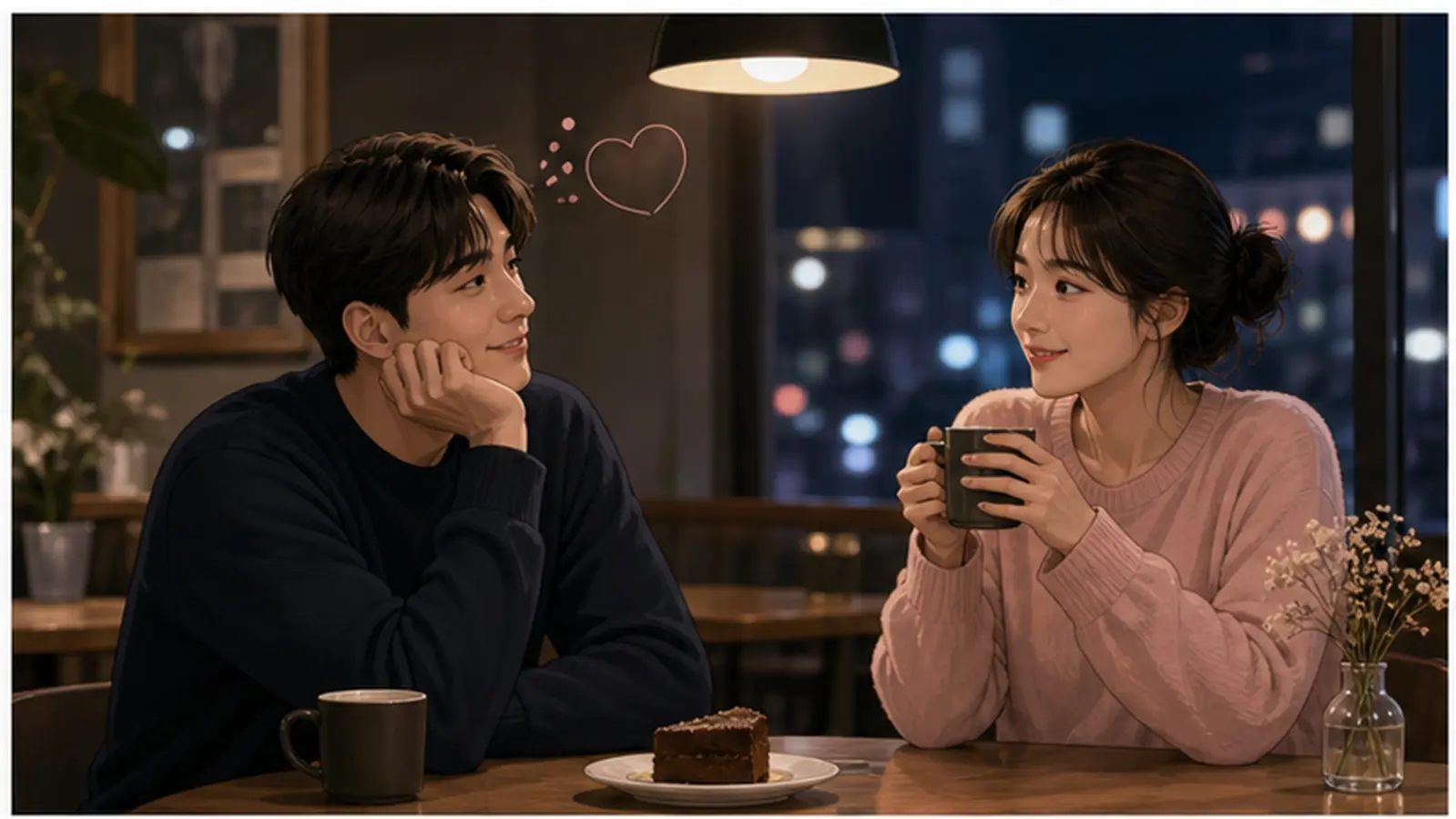늦은 밤 카페에서 편하게 대화하는 남녀 친구
