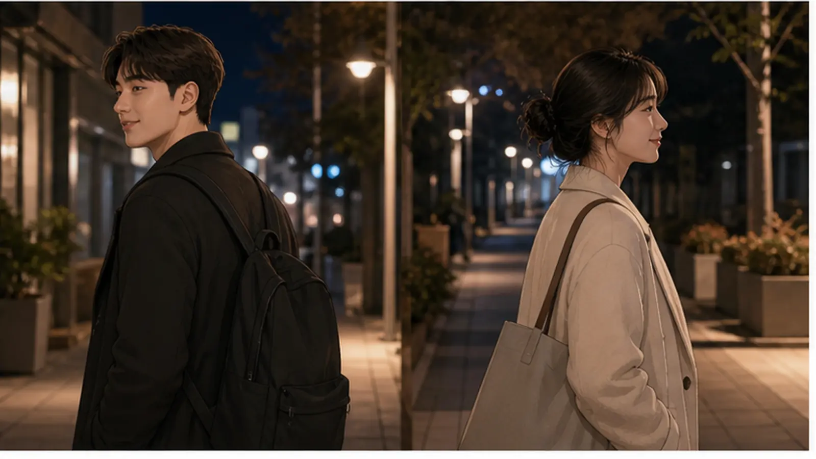 대화를 마친 뒤 서로 다른 방향으로 편안하게 걸어가는 두 친구