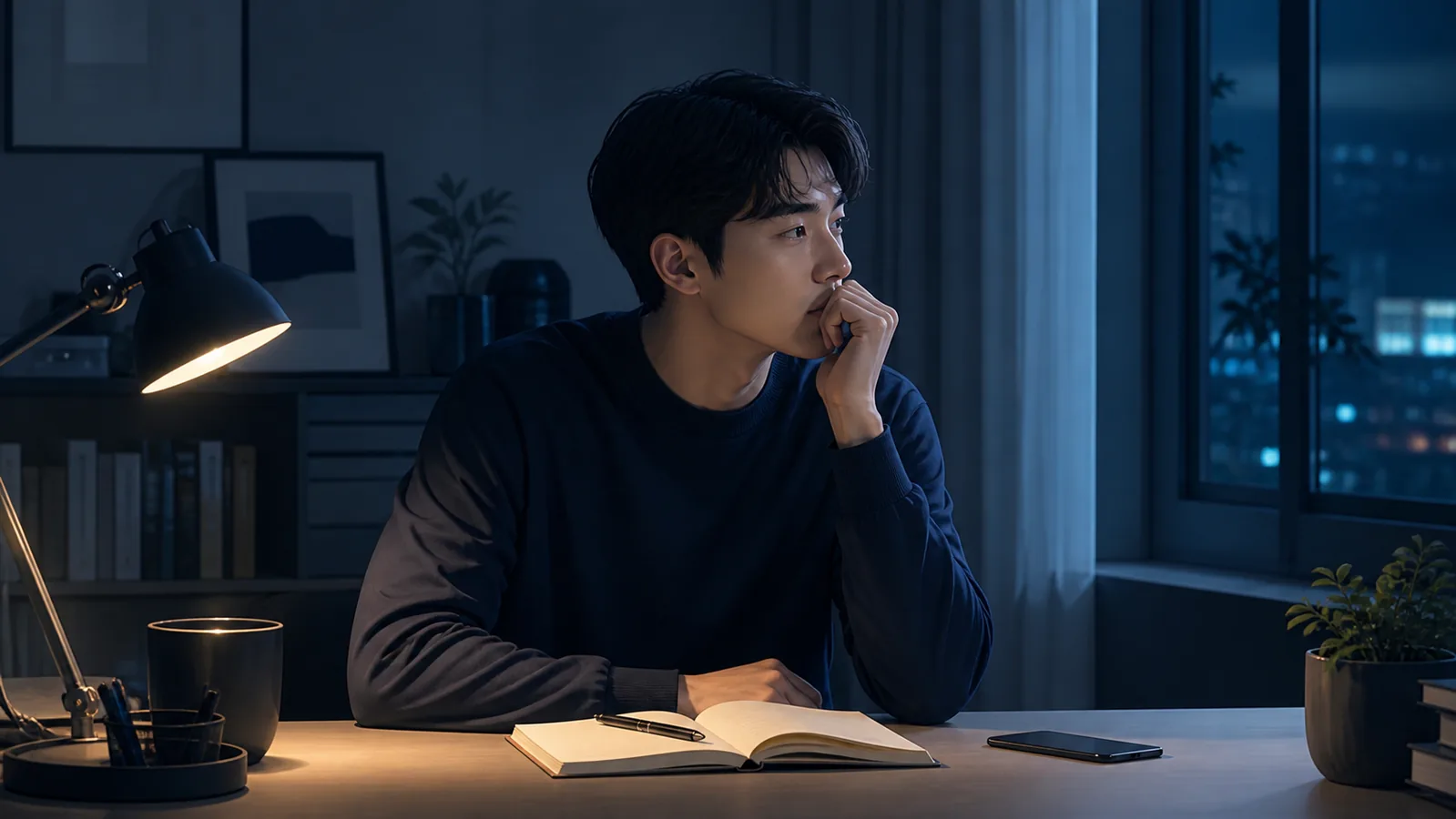 실패를 겪은 뒤 밤에 책상에 앉아 생각을 정리하는 사람