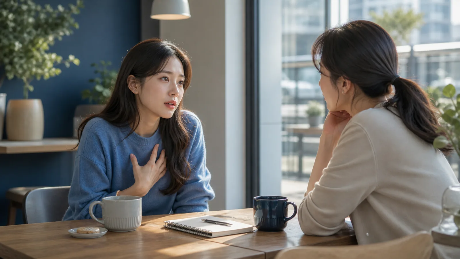 카페에서 혼자 감당하던 어려움을 친구에게 솔직하게 말하는 사람