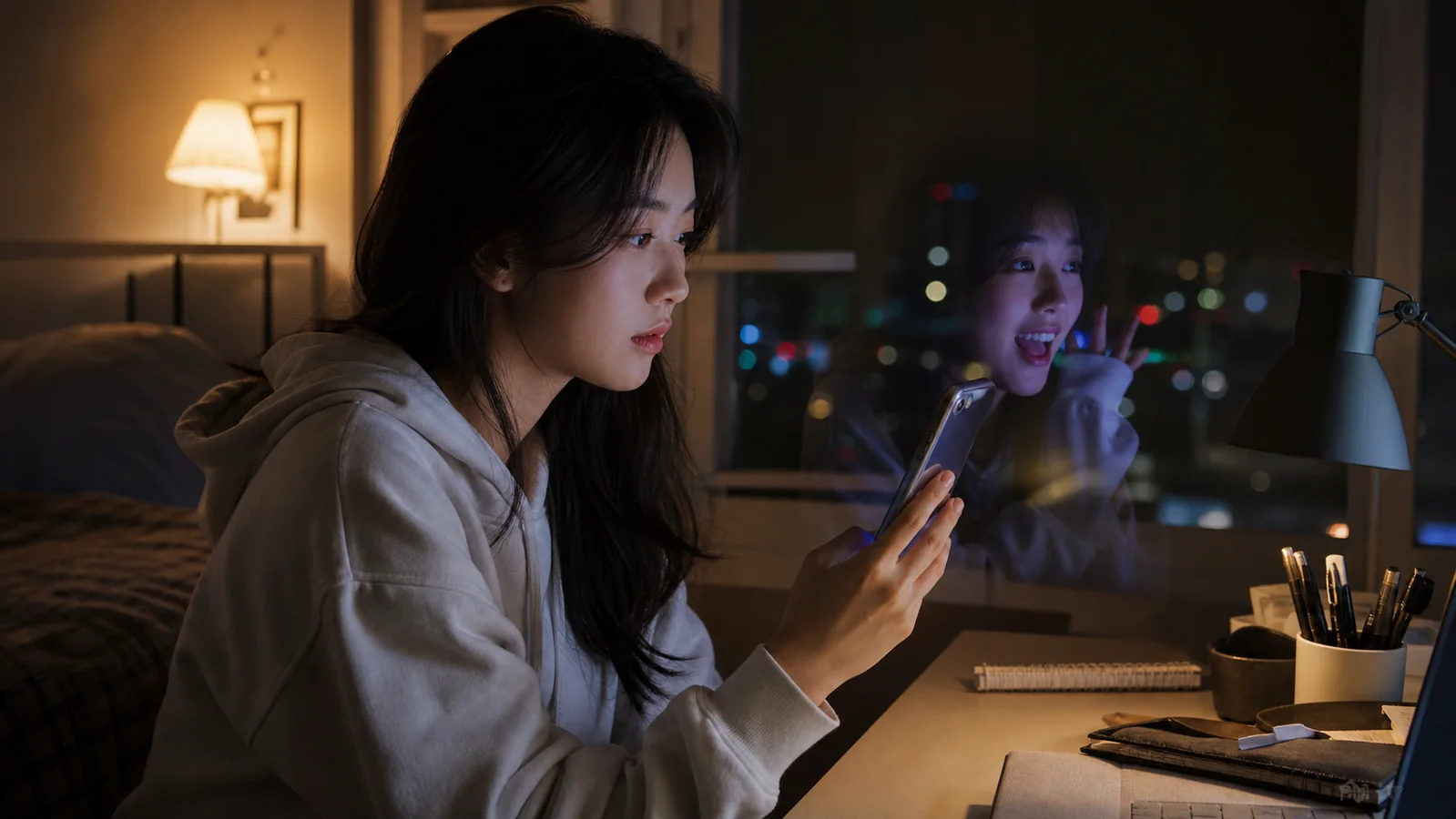 조용한 방에서 휴대폰을 보며 온라인의 활발한 모습을 떠올리는 사람