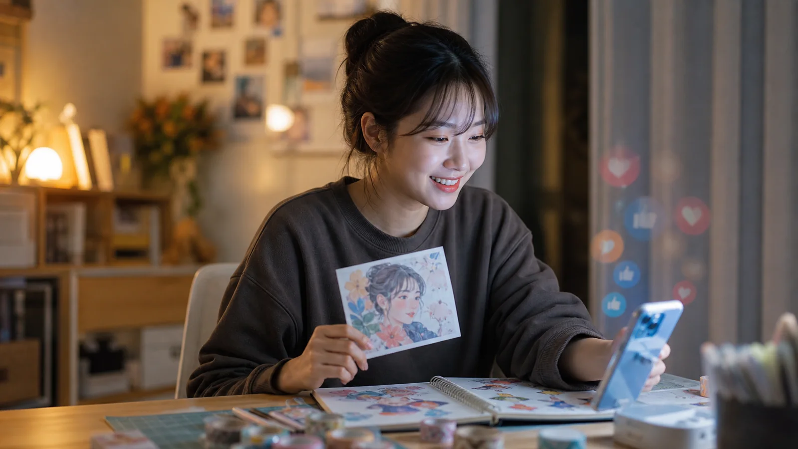 집에서 만든 그림을 휴대폰으로 공유하며 편안하게 웃는 사람
