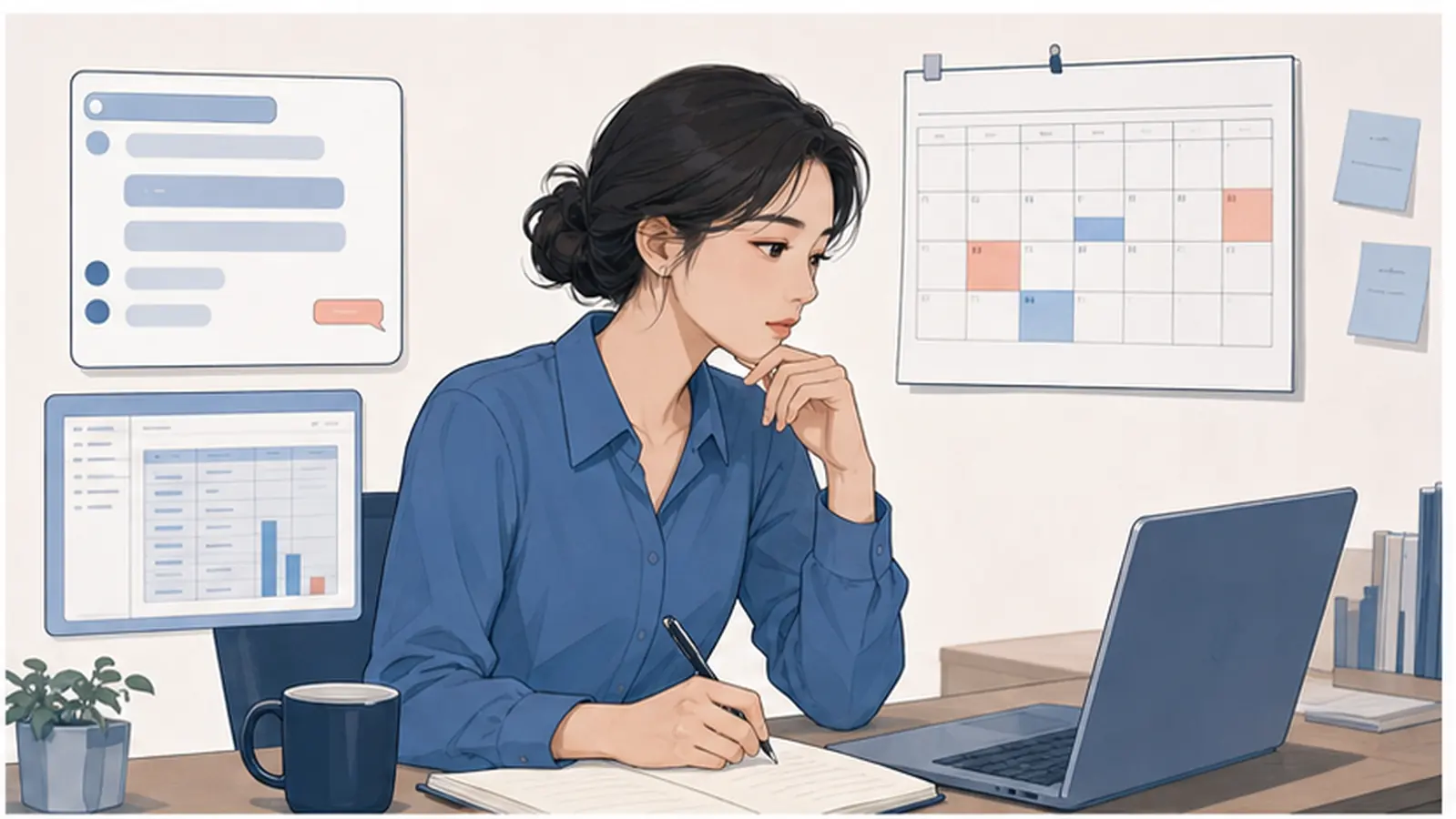 달력과 업무 기록을 비교하며 자신의 기억을 점검하는 사람