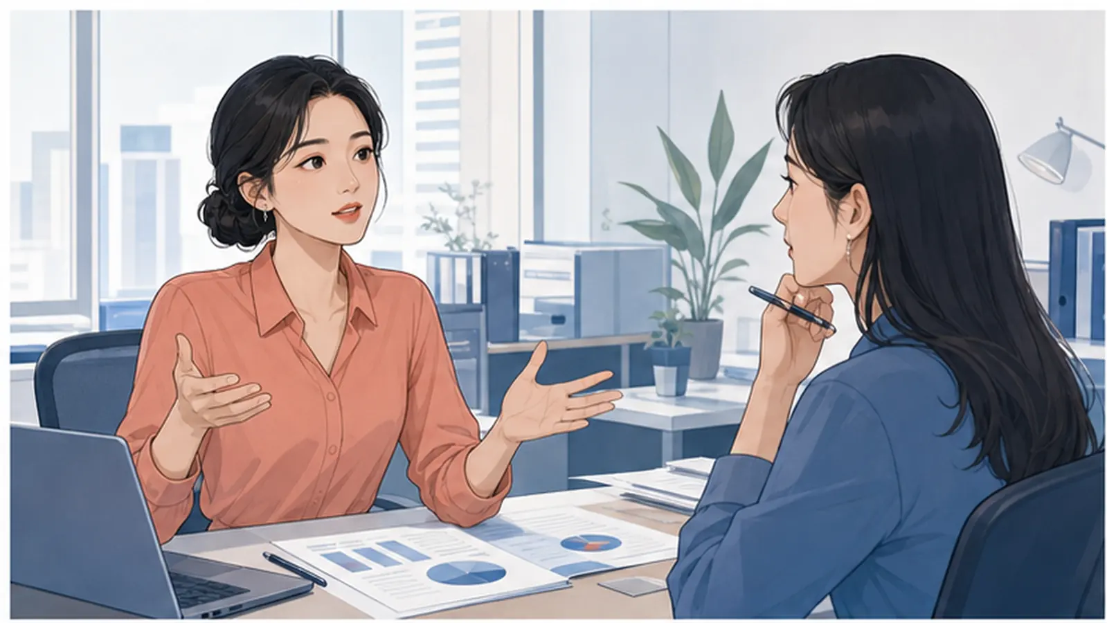 자신을 설명하는 사람과 조심스럽게 피드백을 전하는 동료