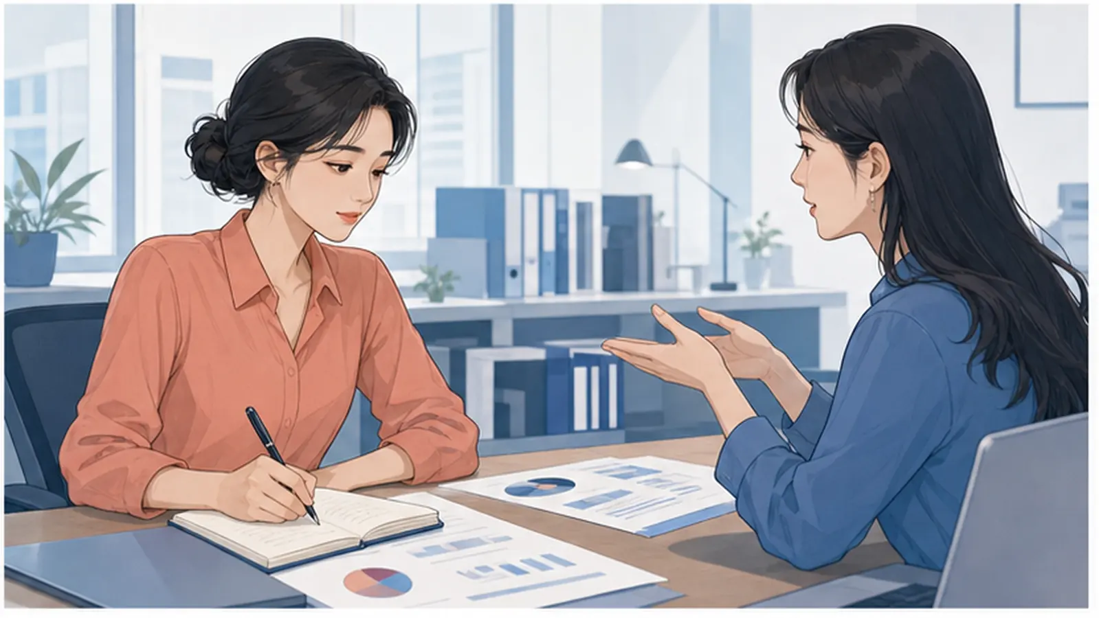 동료의 설명을 들으며 한 가지 수정 행동을 메모하는 사람