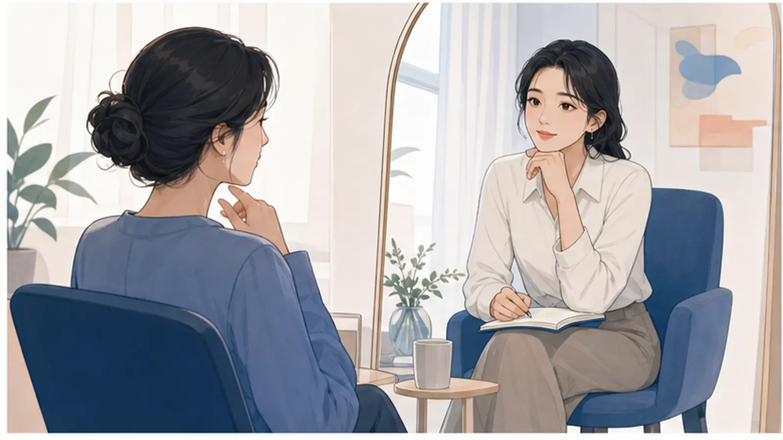 거울 앞 두 의자에서 자신의 상황을 관찰자 관점으로 다시 보는 사람