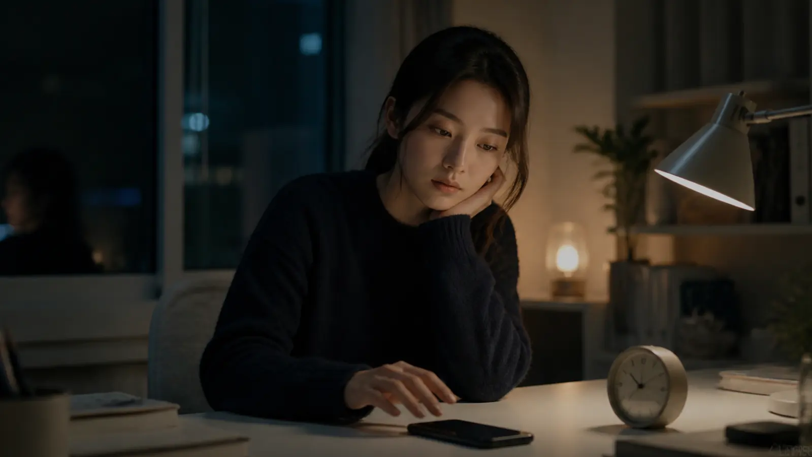 늦은 밤 휴대전화를 앞에 두고 연락을 기다리는 사람