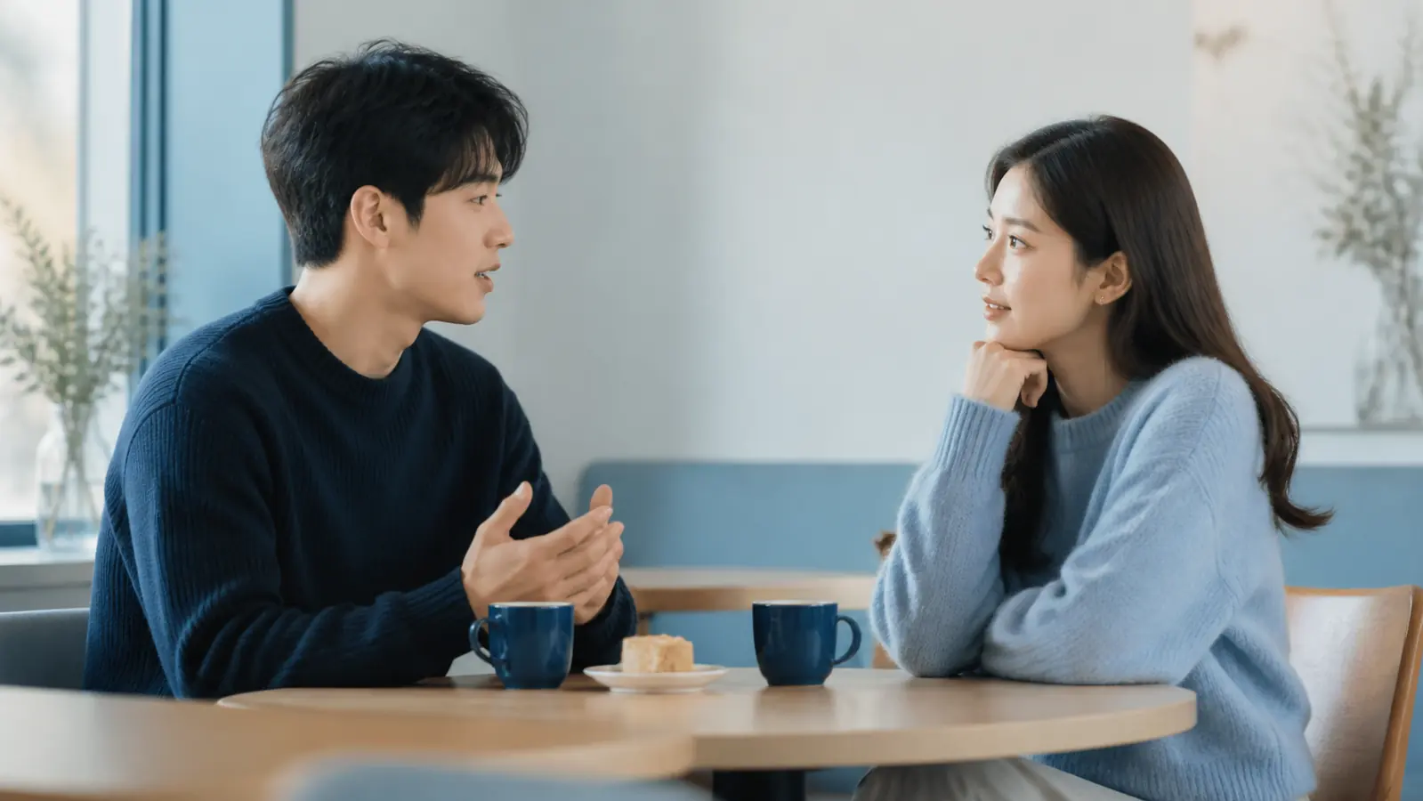 카페에서 눈을 맞추며 서로의 이야기를 듣는 두 사람
