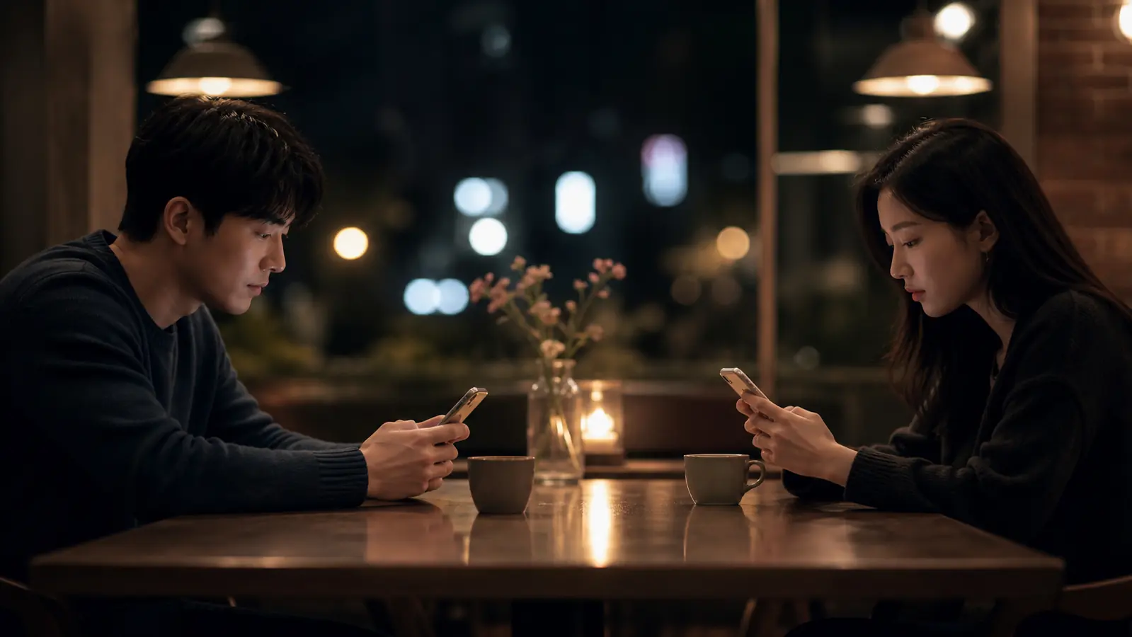 카페에서 서로의 휴대전화를 보며 멀어진 썸 관계의 두 사람