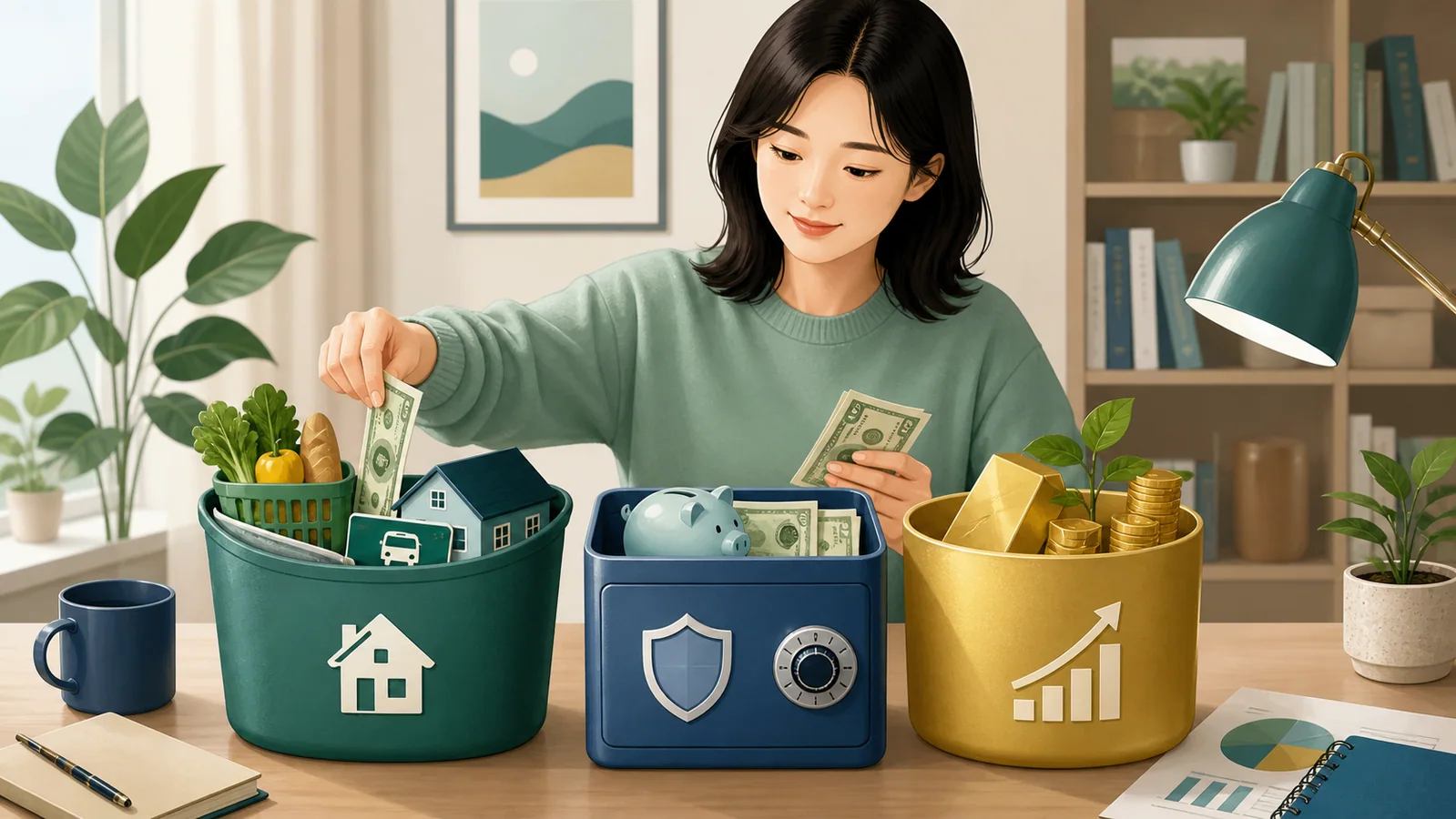생활 완충금 비상금 장기 목표로 돈을 세 갈래로 나누는 모습