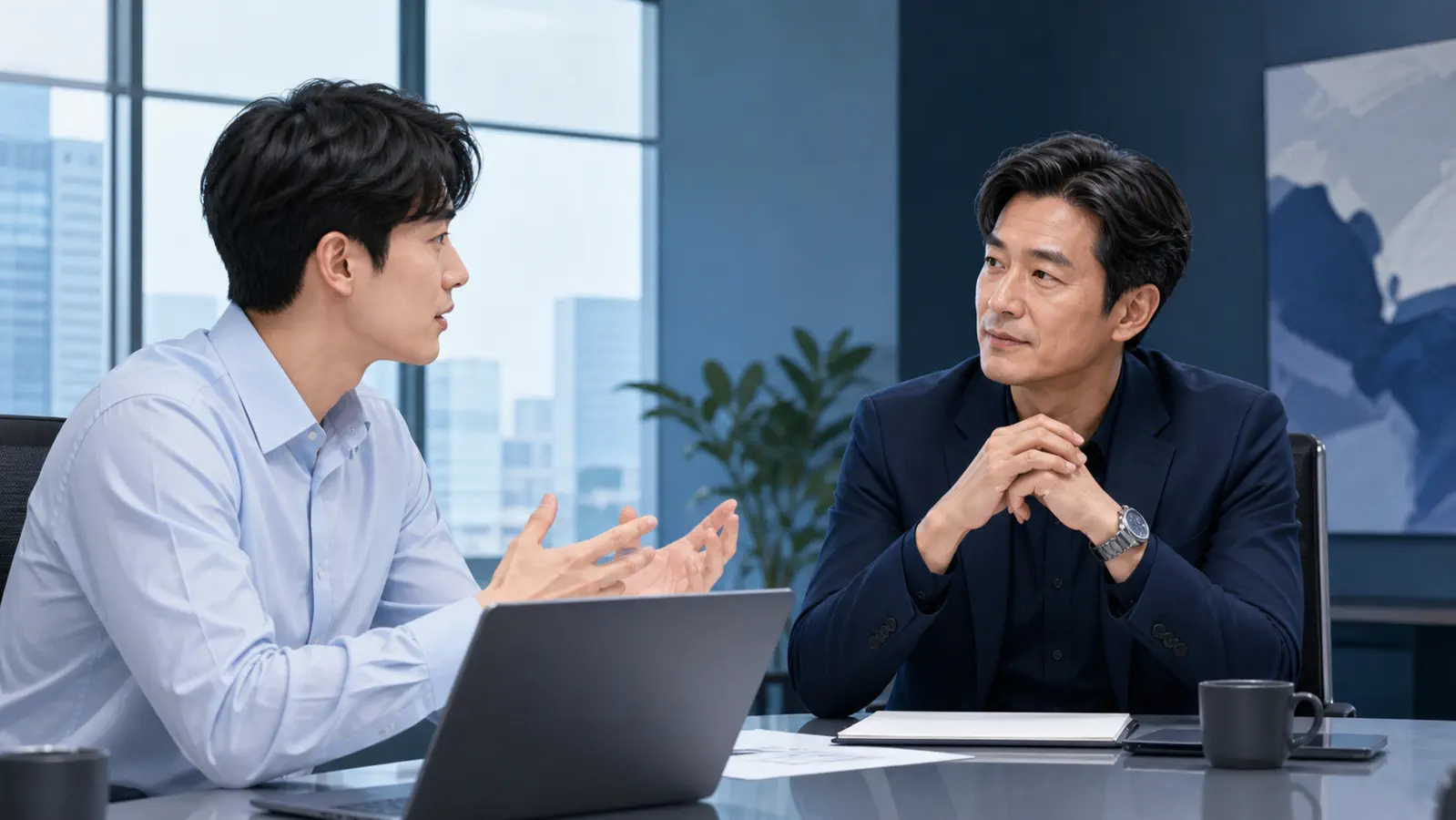 젊은 동료의 의견을 집중해서 듣는 40대 직장인