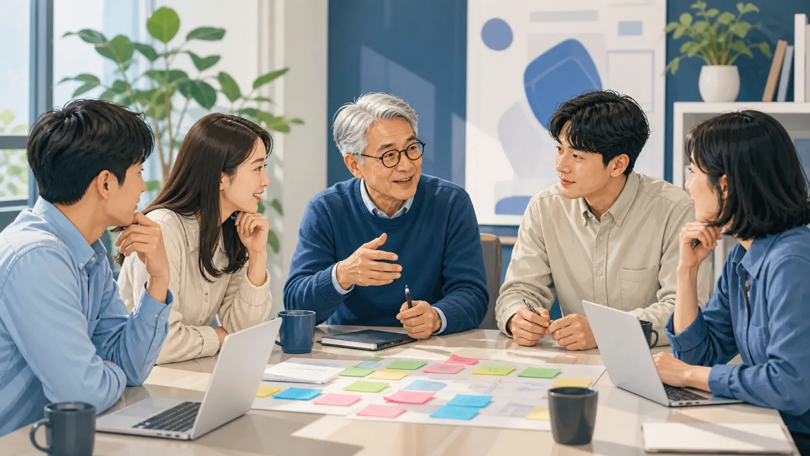 여러 연령대의 직장인이 업무 역할을 함께 정하는 모습